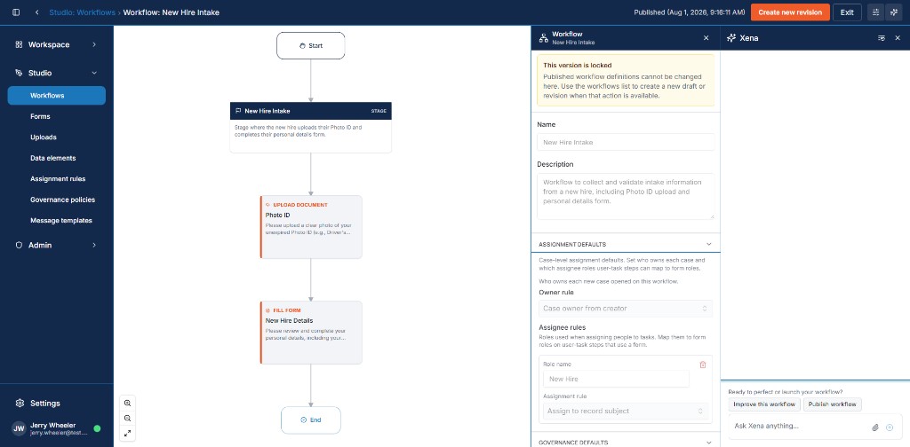 New Hire Intake workflow assembled in Xenqu Studio