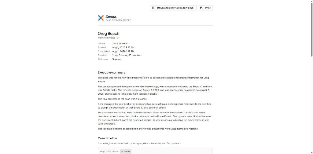 Xenqu case overview report showing outcome and activity history